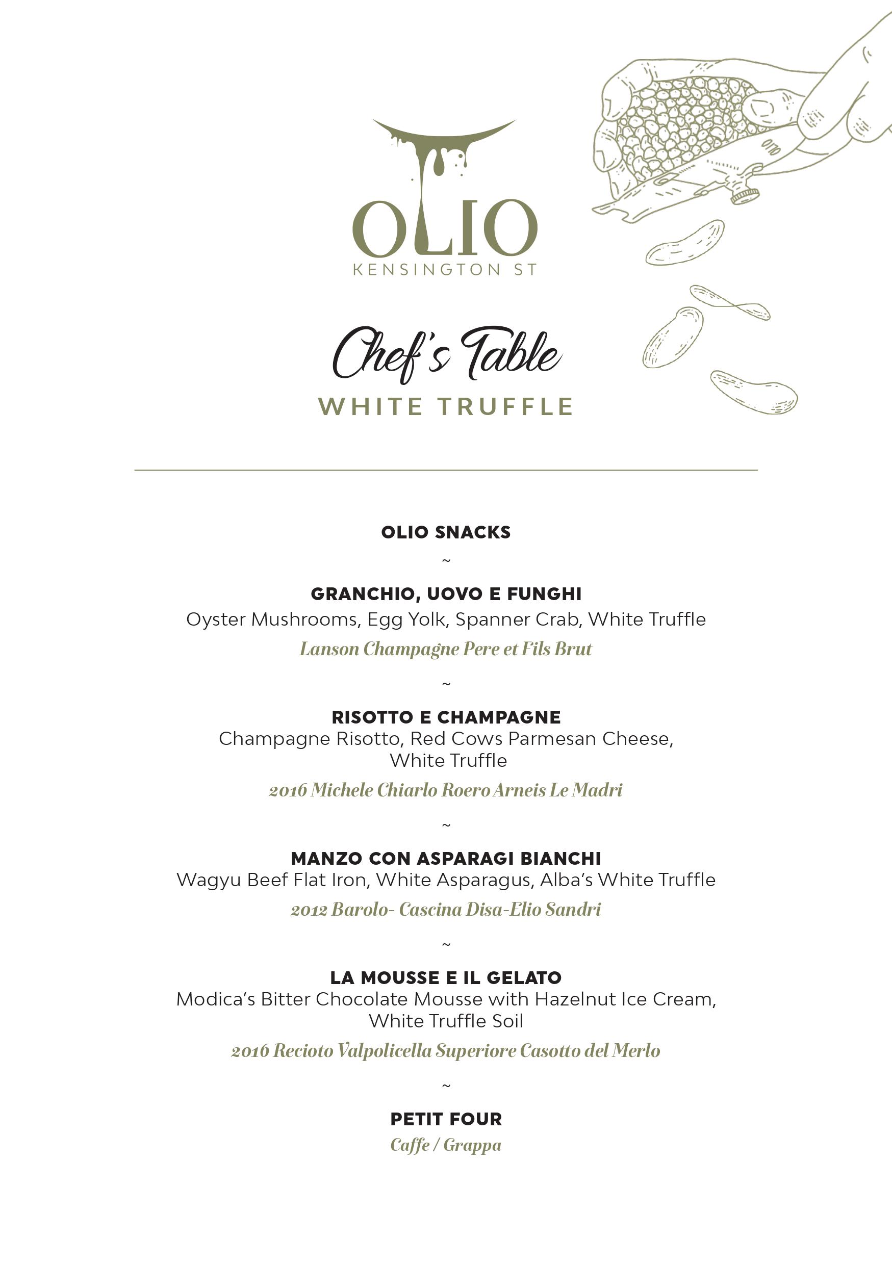 Chefs Table Olio series - white truffle dinner menu